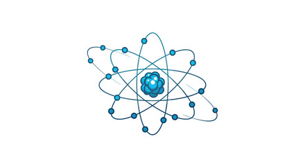 A stylized scientific illustration of a blue atom model with a nucleus and electrons orbiting in paths on a white background.