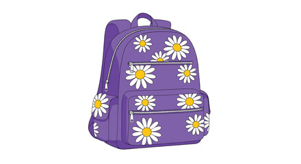A stylish purple school backpack or rucksack for students decorated with a cheerful white and yellow daisy flower pattern.