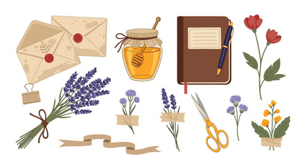 A charming collection of vintage-inspired journaling and letter-writing supplies including honey lavender and a notebook.