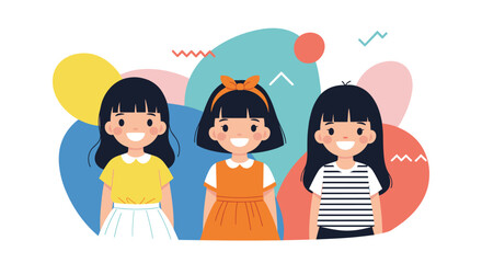 A cheerful illustration of three cute cartoon girls with black hair and bright smiles standing together against a colorful background.
