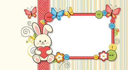 A charming child's photo frame with a cute cartoon bunny holding a heart decorated with colorful buttons and butterflies.