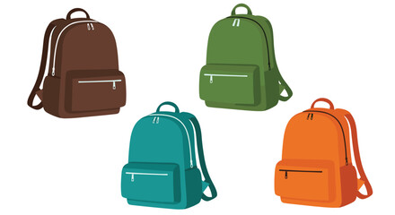 A collection of four colorful school backpacks or rucksacks in brown green teal and orange colors on a plain white background.