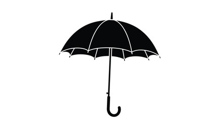 A simple black silhouette icon of a classic open umbrella with a curved J-handle for rain protection on a white background.