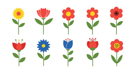 A beautiful collection of ten simple and colorful folk art style flowers with green stems and leaves isolated on white background.