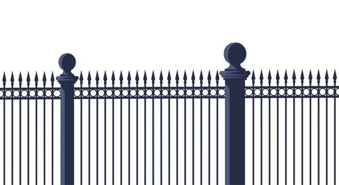 A classic and elegant section of a black wrought iron fence with decorative posts and sharp spear-like tops.
