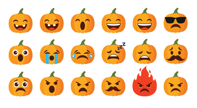 A large collection of expressive Halloween pumpkin cartoon characters and emojis with a wide variety of funny and spooky faces.