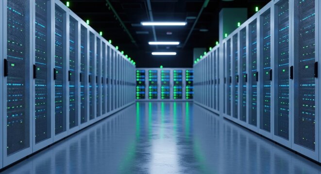 A long hallway with rows of server racks in a data center.