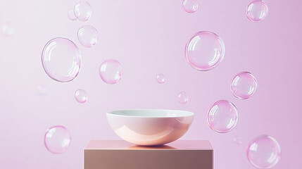 Pink bowl and flying bubble Abstract background texture.