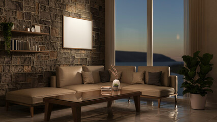 Frame on bricks wall over sofa couch and table on tile floor aside glass window with sunrise scenery