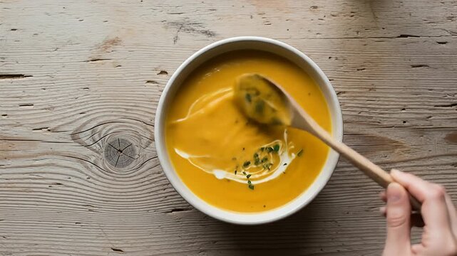 A person stirring a bowl of creamy orange soup with a wooden spoon on a rustic wooden table.
