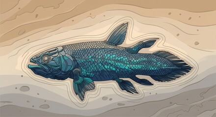 Coelacanth fossil illustration with detailed scales and fins in layered sediment background. Digital illustration. Paleontology and prehistoric life concept