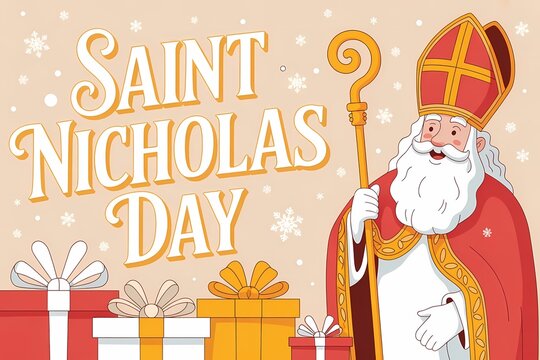 Illustration of saint nicholas day greeting card with bishop holding crosier and pile of gift box illustration