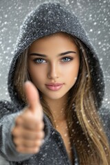 A woman with long blonde hair is wearing a hooded sweatshirt