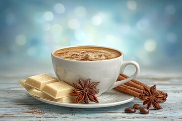 A white coffee cup with a white plate and a piece of chocolate on the side