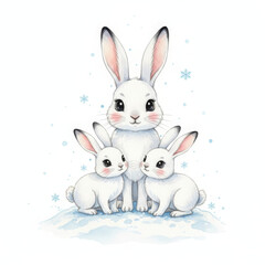 Fototapeta premium Adorable illustration depicts happy white rabbit family, featuring parent rabbit and two charming baby rabbits. They gather closely serene winter scene with soft snow. This heartwarming and cute