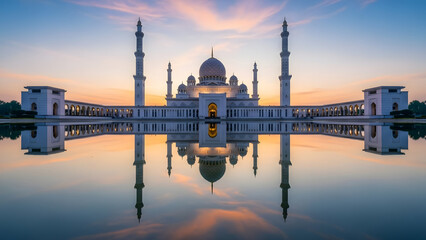 Majestic Mosque Reflected in Water at Dawn