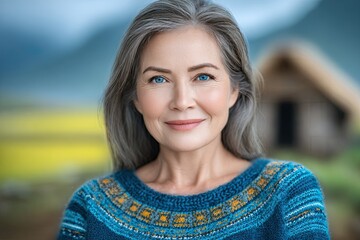 A woman with blue and yellow sweater and blue eyes