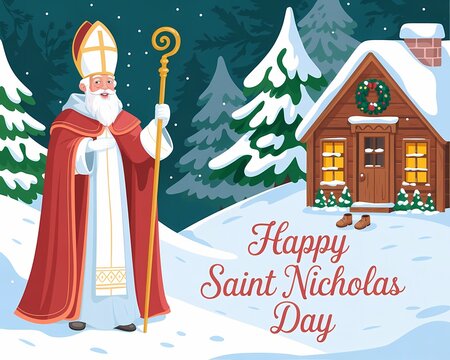 Illustration of saint nicholas character in bishop attire holding crosier standing in snowy winter landscape near cabin