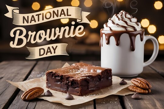 Illustration of delicious chocolate brownie served with a mug of hot cocoa for national brownie day celebration
