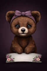 A cute brown teddy bear with a purple bow on its head is sitting on a wooden sig
