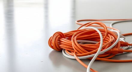 Tangled orange and white extension cords lying on a light grey surface, illustrating disorganization concept and power connectivity issues