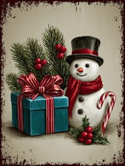 A snowman with a red scarf and a blue box with a ribbon on top of it