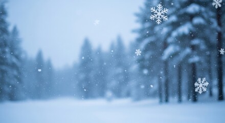Naklejka premium Snowy forest with falling snowflakes, trees, and a blue sky.