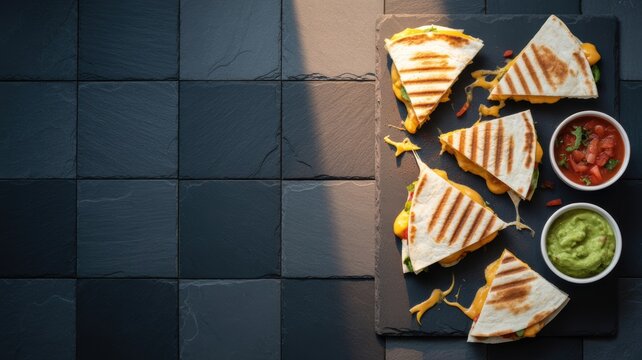 Grilled quesadilla slices with melted cheese, served with salsa and guacamole on dark slate