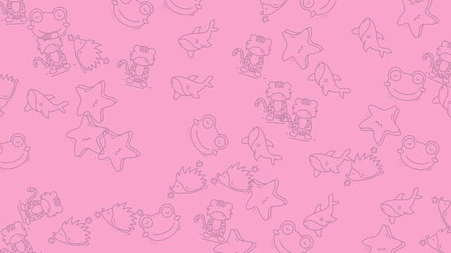 Cute Pink Pattern Background with Cartoon Characters for Kids.