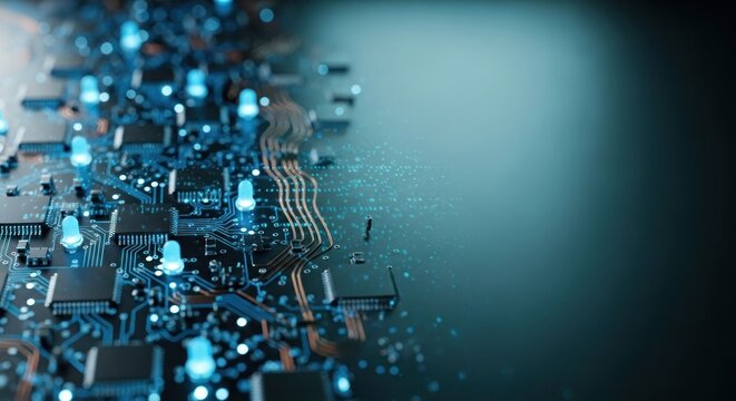 A futuristic circuit board with glowing blue lights and intricate connections.