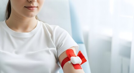 Close up of a female donor with a red tourniquet and cotton swab on her arm for a blood donation or health check concept in a bright clinic