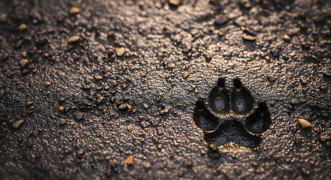 Dog pawprint imprinted deeply in wet textured mud and pebbles, highlighted by warm golden light for outdoor adventure concept and animal tracking