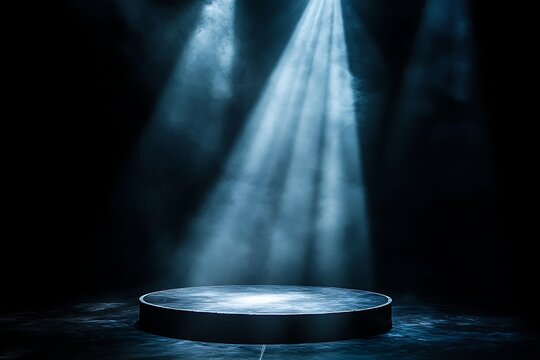 Round stage illuminated by spotlights in a dark, smoky atmosphere waiting for performance