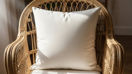 White Pillow Mockup on Rattan Chair Interior Design Home Decor Sunlight