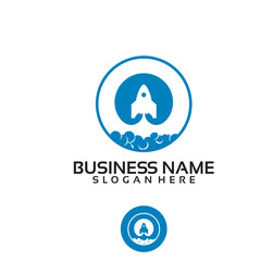 Blue Rocket Launching into Space with Clouds Logo.