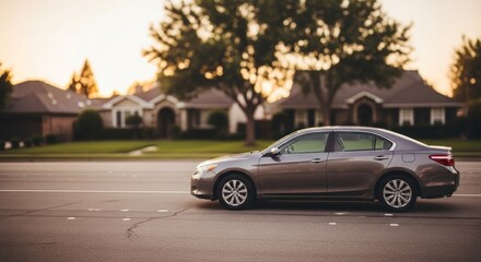 Fototapeta premium A gray sedan driving on a suburban street with a residential neighborhood in the background.