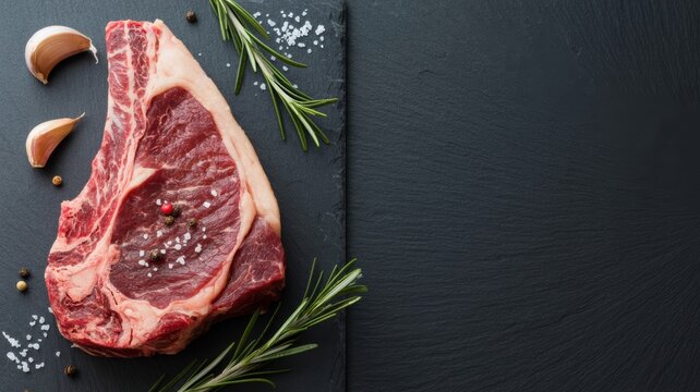 Raw beef steak with rosemary and garlic cloves on a dark slate board ready for cooking - Powered by Adobe