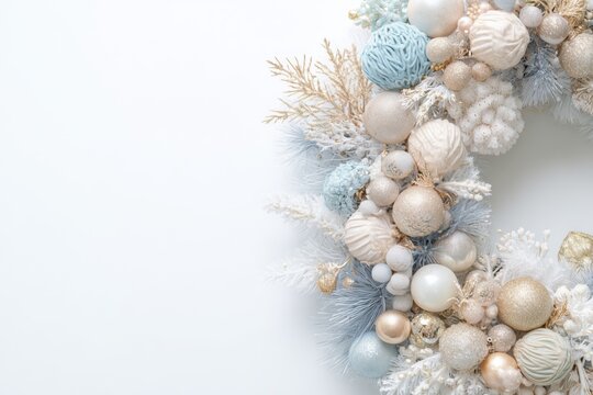 Minimal Winter Wreath Banner &ndash; Clean White Space Holiday Background - Soft Pastel Christmas Ornaments