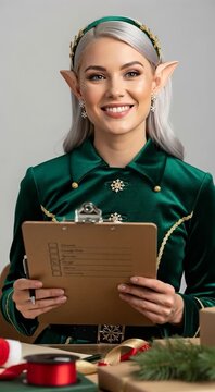 Christmas Elf Woman Checking Holiday List on Clipboard While Preparing Gifts