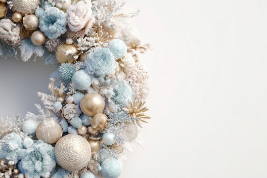 Minimal Winter Wreath Banner &ndash; Clean White Space Holiday Background - Soft Pastel Christmas Ornaments