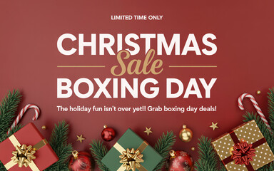 Christmas sale and boxing day advertisement with gifts on a red colored background