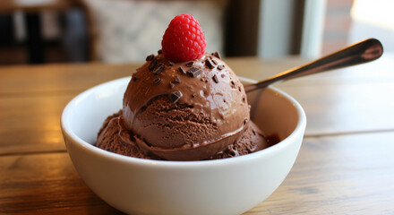 Decadent chocolate ice cream topped with fresh raspberry and chocolate shavings delight
