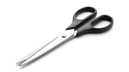 Obraz premium Sharp metal scissors with black handles on a clean white background.