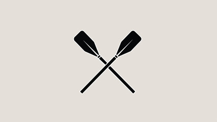 Two crossed black oars on a plain, light beige background, symbolizing rowing or boating.
