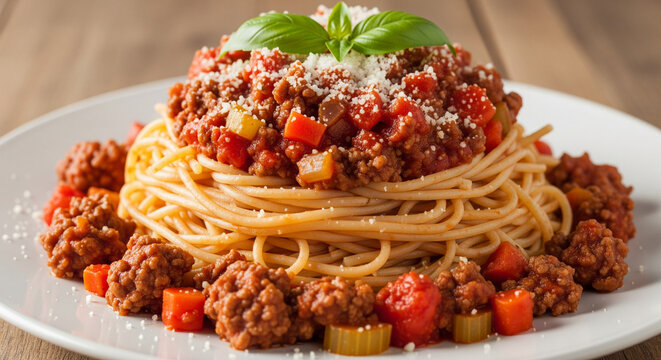 Delicious spaghetti with meat sauce and basil garnish for cozy family dinners and restaurant menus
