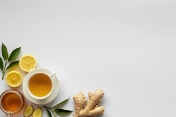 Warm cup of herbal tea with fresh ginger lemon and honey on a white background
