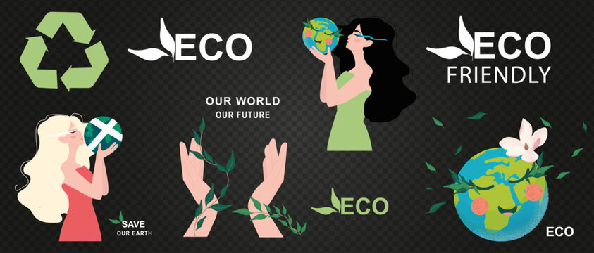Eco-friendly vector set: women, Earth, recycling symbol, and hands with leaves. Concepts for environmental protection, sustainability, nature care, and Earth Day.
- Powered by Adobe