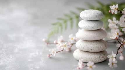 serene with stacked stone surround pink flowers, 3D Rendered Image	