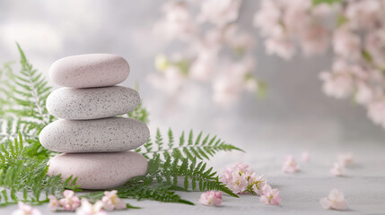 serene with stacked stone surround pink flowers, 3D Rendered Image	