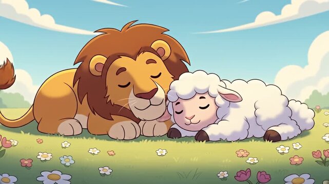 A heartwarming cartoon of a lion and a lamb sleeping peacefully together in a vibrant meadow, symbolizing peace and harmony.